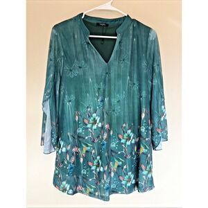 VALOLIA Green Garden Floral Fairy Vneck Mesh Overlay Blouse Top Shirt Medium NEW